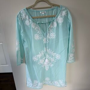 Embroidered Pale Aqua Debbie Katz Beach Coverup Large in very good condition